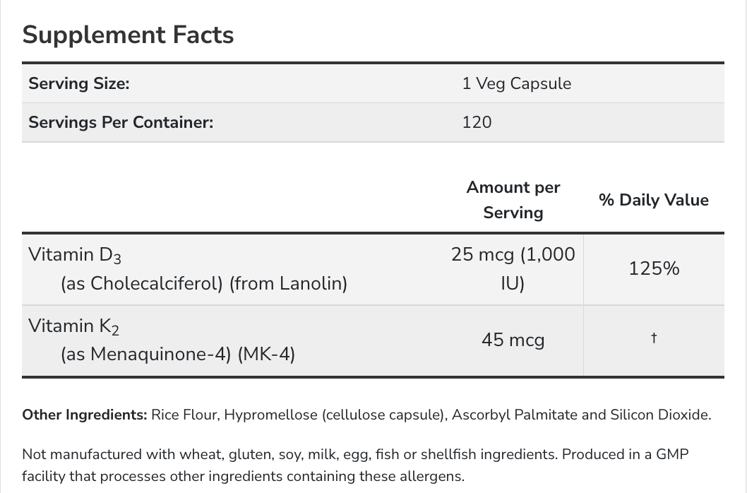 Thành phần Viên uống Now Vitamin K2 D3